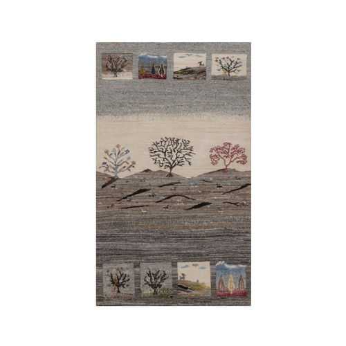 Dove Gray, Modern, Lori Buft Gabbeh with Scenery Design, Small Animal Figurines, Soft Pile, Thick and Plush, Pure Wool, Hand Knotted, Oriental 