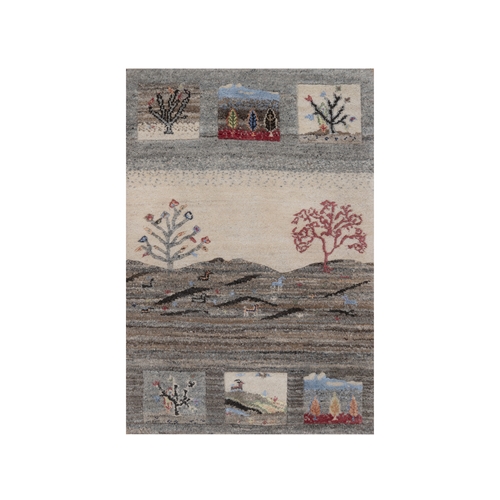 Dove Gray, Modern, Lori Buft Gabbeh with Scenery Design, Small Animal Figurines, Soft Pile, Thick and Plush, Pure Wool, Hand Knotted, Sample, Mat, Oriental 
