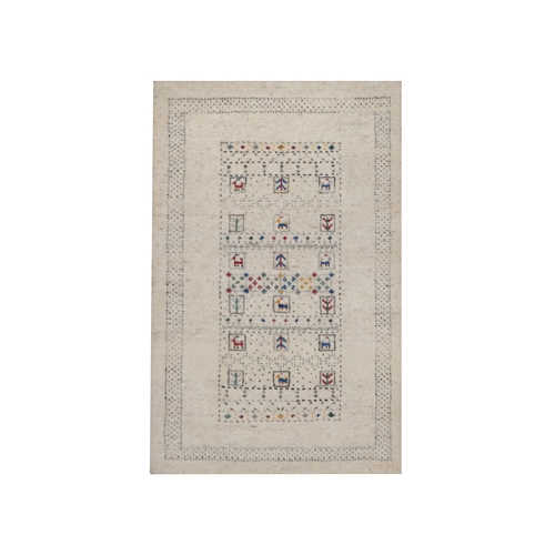 Parchment White, Modern, Lori Buft Gabbeh with Small Animal Figurines, Soft Wool, Hand Knotted, Thick and Plush, Mat, Sample, Oriental 