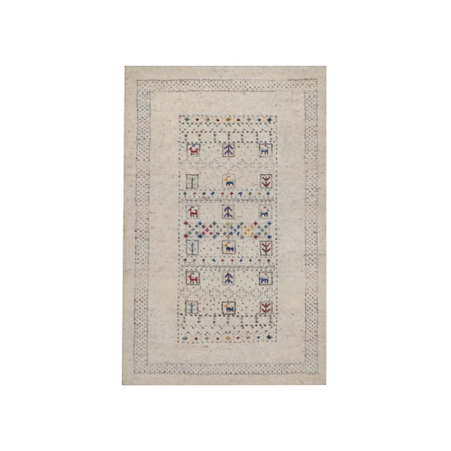 Parchment White, Modern, Lori Buft Gabbeh with Small Animal Figurines, Soft Wool, Hand Knotted, Thick and Plush, Sample, Mat, Oriental 