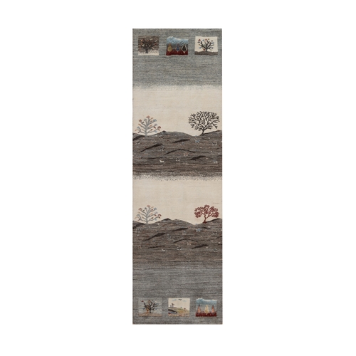 Dove Gray, Lori Buft Gabbeh with Scenery Design, Small Animal Figurines, Modern, Soft Pile, Thick and Plush, Pure Wool, Hand Knotted, Runner, Oriental 