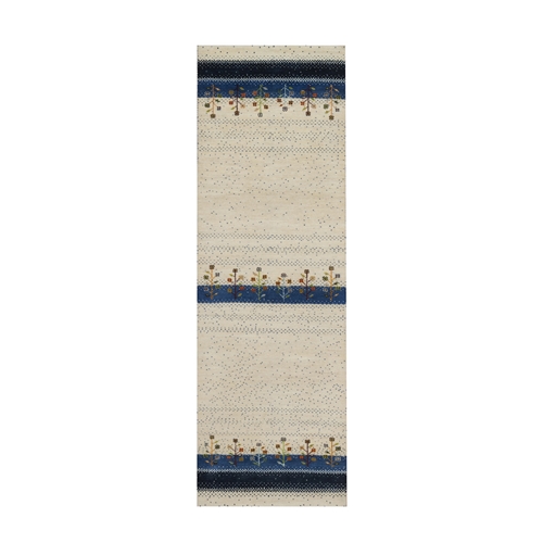 Parchment White, Modern, Tree Design, Lori Buft Gabbeh, Pure Wool, Hand Knotted, Thick and Plush, Soft Pile, Runner, Oriental 