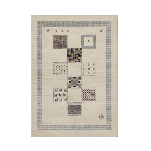 Parchment White, Lori Buft Gabbeh with Block Design, Small Animal Figurines, Modern, Soft Wool, Hand Knotted, Thick and Plush, Oriental 