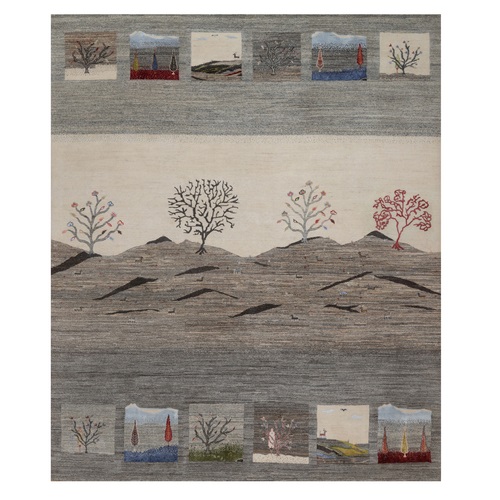Dove Gray, Modern, Lori Buft Gabbeh with Scenery Design, Small Animal Figurines, Hand Knotted, Soft Pile, Thick and Plush, Pure Wool, Oriental 
