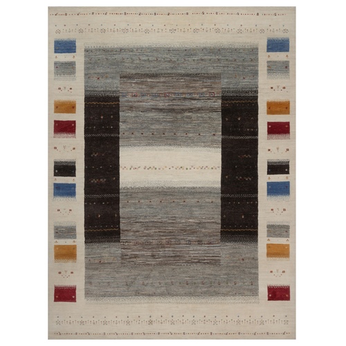 Parchment White, Modern, Lori Buft Gabbeh with Small Animal and Human Figurines, Thick and Plush, Pure Wool, Hand Knotted, Oriental 
