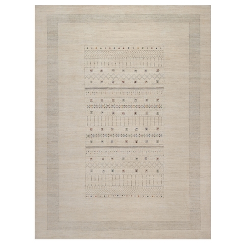 Parchment White, Modern, Lori Buft Gabbeh with Small Animal Figurines, Hand Knotted, Soft Wool, Thick and Plush, Oriental 