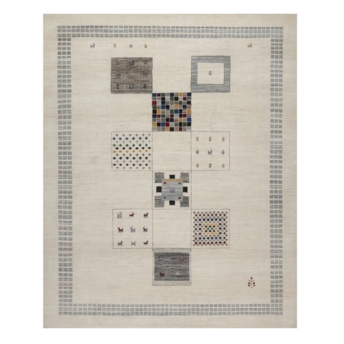 Parchment White, Modern, Lori Buft Gabbeh with Block Design, Small Animal Figurines, Soft Wool, Hand Knotted, Thick and Plush, Oriental 