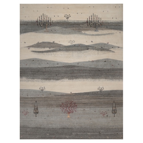 Dove Gray, Modern, Lori Buft Gabbeh with Scenery Design, Small Animal Figurines, Hand Knotted, Soft Pile, Thick and Plush, Pure Wool, Oriental 