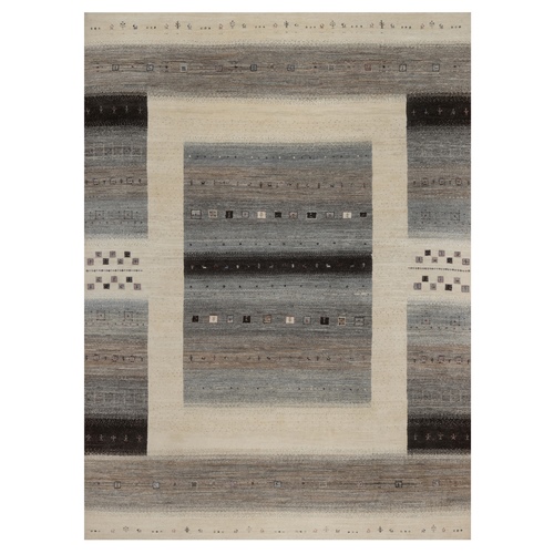 Parchment White, Modern, Lori Buft Gabbeh with Small Animal and Human Figurines, Hand Knotted, Pure Wool, Thick and Plush, Oriental Rug