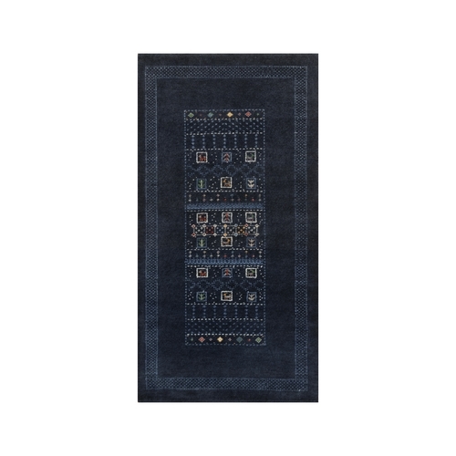 Midnight Blue, Modern, Lori Buft Gabbeh with Small Animal Figurines, Soft Wool, Hand Knotted, Thick and Plush, Short Runner, Oriental 