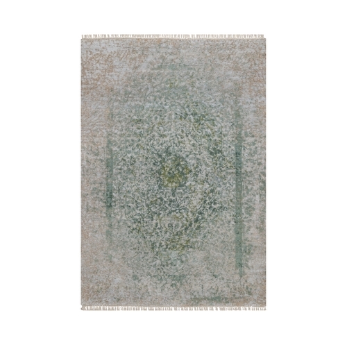 Silver with Green, Broken and Erased Persian Design, Hand Knotted, Wool and Pure Silk, Oriental 