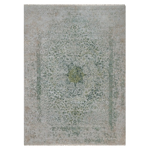 Silver with Green, Broken and Erased Persian Design, Hand Knotted, Wool and Pure Silk, Oriental 
