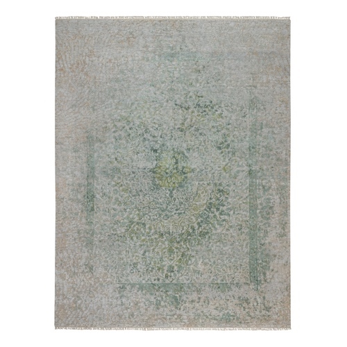 Silver with Green, Broken and Erased Persian Design, Hand Knotted, Wool and Pure Silk, Oriental 