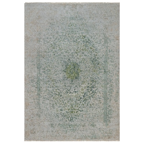 Silver with Green, Broken and Erased Persian Design, Hand Knotted, Wool and Pure Silk, Oriental 