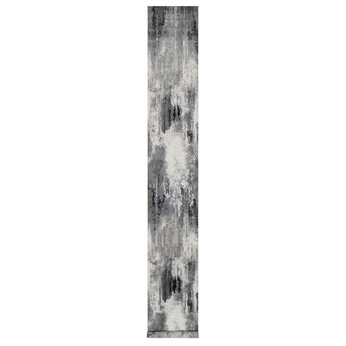 Black with Touches of Ivory, Modern Abstract Design, Hand Knotted, Soft to the Touch, Wool and Silk, XL, Narrow Runner, Oriental Rug