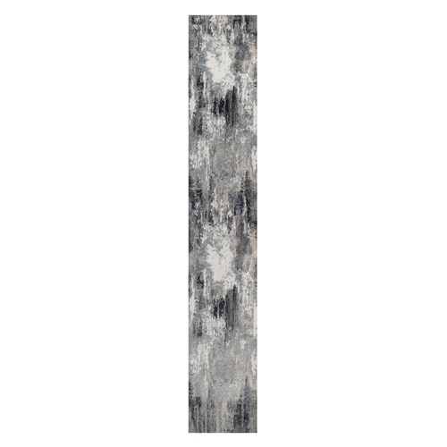 Black with Touches of Ivory, Modern Abstract Design, Hand Knotted, Soft to the Touch, Wool and Silk, XL, Narrow Runner, Oriental Rug