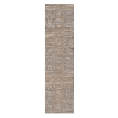 Amphora Brown, Hand Knotted, Modern Criss Cross Erased Design, Hand Spun Undyed Natural Wool, Runner, Oriental Rug