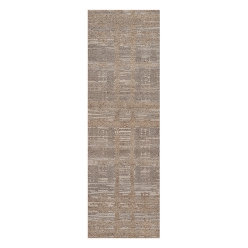 Amphora Brown, Hand Knotted, Modern Criss Cross Erased Design, Hand Spun Undyed Natural Wool, Runner, Oriental Rug