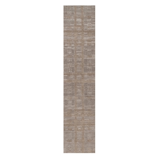 Amphora Brown, Modern Criss Cross Erased Design, Hand Knotted, Hand Spun Undyed Natural Wool, Runner, Oriental Rug