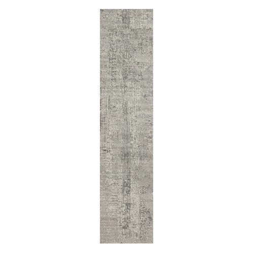 Pastel Gray, Modern Erased Design, Hand Spun Undyed Natural Wool, Hand Knotted, Runner, Oriental Rug