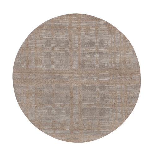 Amphora Brown, Hand Knotted, Modern Criss Cross Erased Design, Hand Spun Undyed Natural Wool, Round, Oriental Rug