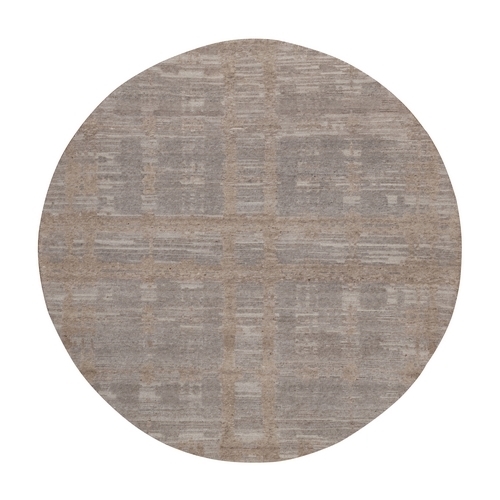 Amphora Brown, Hand Knotted, Modern Criss Cross Erased Design, Hand Spun Undyed Natural Wool, Round, Oriental Rug