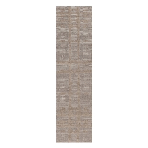 Amphora Brown, Modern Criss Cross Erased Design, Hand Knotted, Hand Spun Undyed Natural Wool, Runner, Oriental Rug