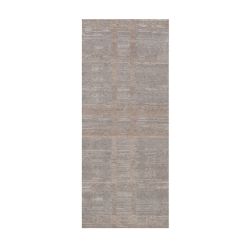 Amphora Brown, Hand Knotted, Modern Criss Cross Erased Design, Hand Spun Undyed Natural Wool, Runner, Oriental Rug
