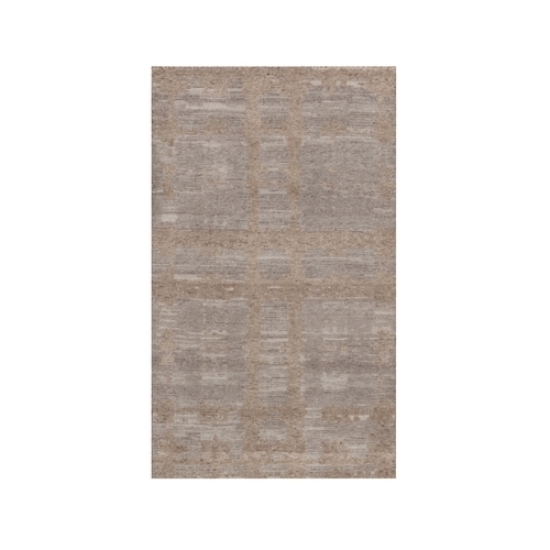 Amphora Brown, Hand Knotted, Modern Criss Cross Erased Design, Hand Spun Undyed Natural Wool, Oriental Rug