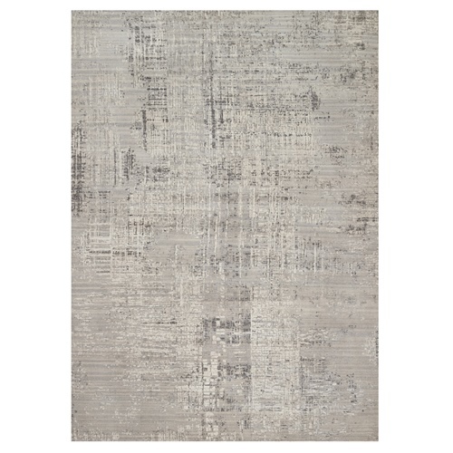 Pastel Gray, Modern Erased Design, Hand Knotted, Hand Spun Undyed Natural Wool, Oriental Rug