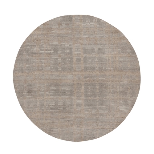 Amphora Brown, Modern Criss Cross Erased Design, Hand Knotted, Hand Spun Undyed Natural Wool, Round, Oriental Rug