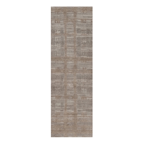 Amphora Brown, Hand Knotted, Modern Criss Cross Erased Design, Hand Spun Undyed Natural Wool, Runner, Oriental Rug