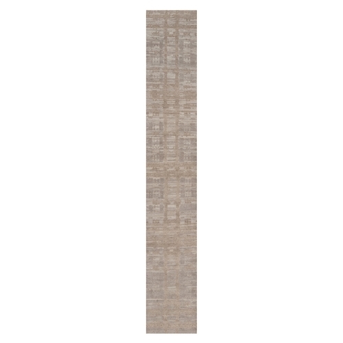 Amphora Brown, Modern Criss Cross Erased Design, Hand Knotted, Hand Spun Undyed Natural Wool, XL Runner, Oriental Rug