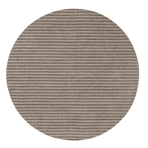 Tan and Beaver Brown, Stripes Design with Salt and Pepper Effect, Hand Loomed, Undyed Natural Wool, Round, Oriental Rug