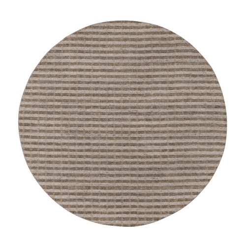 Tan and Beaver Brown, Stripes Design with Salt and Pepper Effect, Hand Loomed, Undyed Natural Wool, Round, Oriental Rug