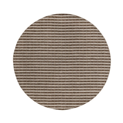 Tan and Chocolate Brown, Stripes Design with Salt and Pepper Effect, Hand Loomed, Undyed Natural Wool, Round, Oriental Rug