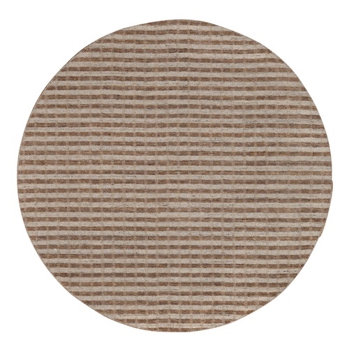 Tan and Beaver Brown, Stripes Design with Salt and Pepper Effect, Hand Loomed, Undyed Natural Wool, Round, Oriental Rug