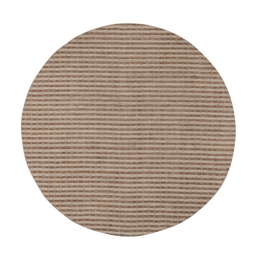 Tan and Beaver Brown, Stripes Design with Salt and Pepper Effect, Hand Loomed, Undyed Natural Wool, Round, Oriental Rug