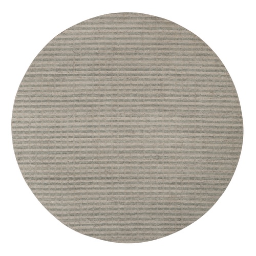 Tan Brown and Gray, Stripes Design with Salt and Pepper Effect, Hand Loomed, Undyed Natural Wool, Round, Oriental Rug