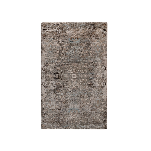 Shades of Brown, Transitional Persian Influence Erased Flower Design, Hand Knotted, Silk with Textured Wool, Oriental 