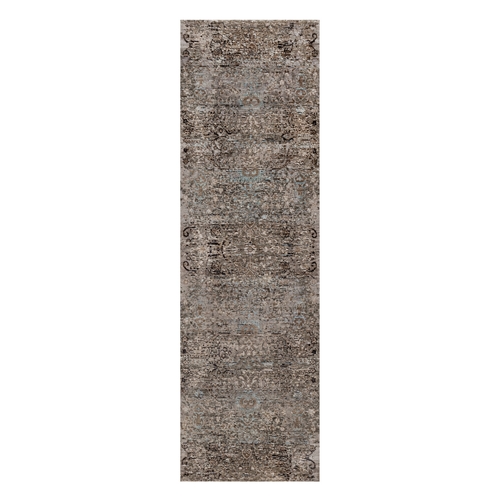 Chocolate Brown, Transitional Persian Influence Erased Flower Design, Silk with Textured Wool, Hand Knotted, Runner, Oriental 