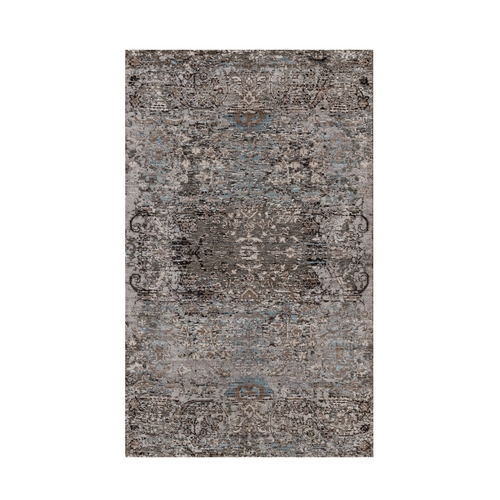 Shades of Brown, Hand Knotted, Transitional Persian Influence Erased Flower Design, Silk with Textured Wool, Oriental 