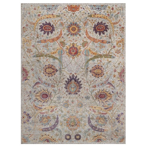 Ivory and Brown, Colorful Sickle Leaf Design, Hand Knotted, Silk with Textured Wool, Oriental Rug