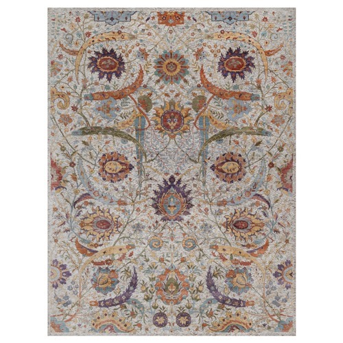 Ivory and Brown, Hand Knotted, Colorful Sickle Leaf Design, Silk with Textured Wool, Oriental Rug