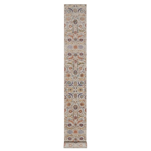 Ivory and Brown, Colorful Sickle Leaf Design, Hand Knotted, Silk with Textured Wool, XL Runner, Oriental 