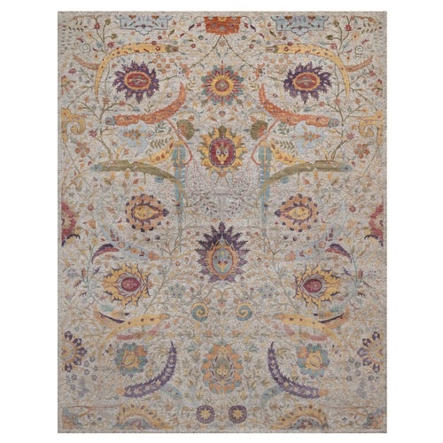 Ivory and Brown, Colorful Sickle Leaf Design, Hand Knotted, Silk with Textured Wool, Oversized, XL, Oriental Rug