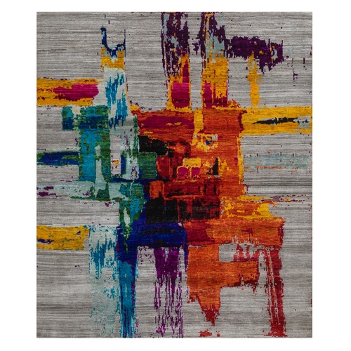 Flannel Gray, Modern Abstract Motifs with Colorful Painter's Brush Strokes, Hand Knotted, Wool and Sari Silk, Oriental Rug