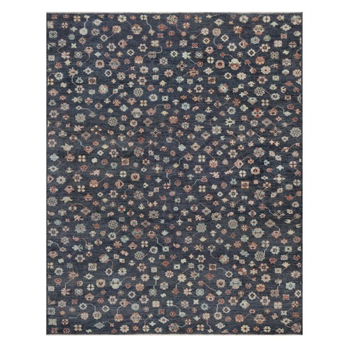 Graphite Blue, All Over Rosette Design, Hand Knotted, 100% Wool, Oriental 