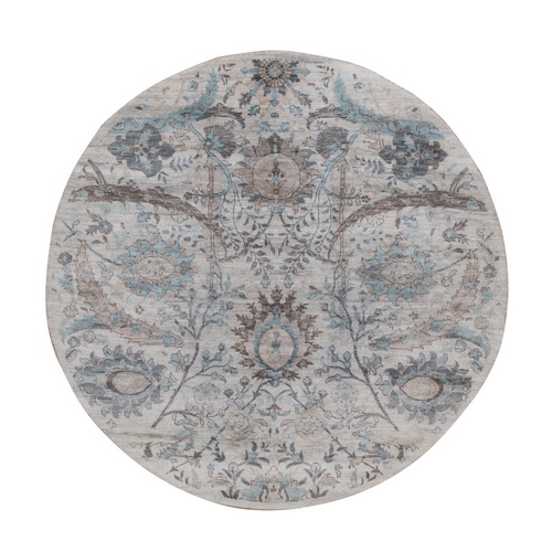 Light Gray, Sickle Leaf Design, Hand Knotted, Silk with Textured Wool, Plush and Lush, Borderless, Round, Oriental Rug