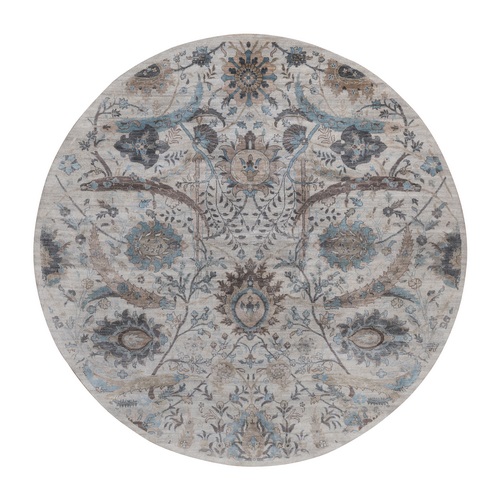 Light Gray, Sickle Leaf Design, Hand Knotted, Silk with Textured Wool, Plush and Lush, Borderless, Round, Oriental Rug